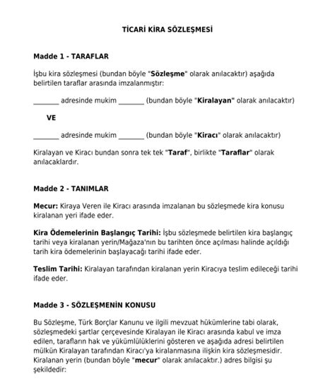 Ticari Kira Sözleşmesi örnek şablon Word ve PDF