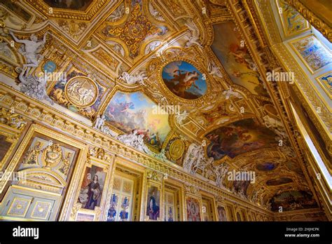 Decorated Ceiling Of The Apollo Gallery Galerie Dapollon At Louvre