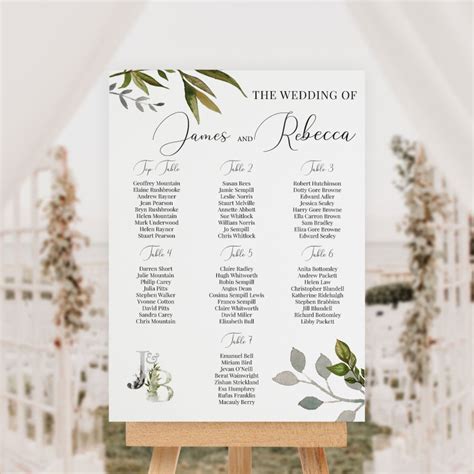 Reception Seating Chart Gum Leaf Design By Table Or Alphabetical