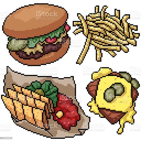 Pixel Art Set Isolated Junk Food Snack Stock Illustration Download Image Now Art Beef