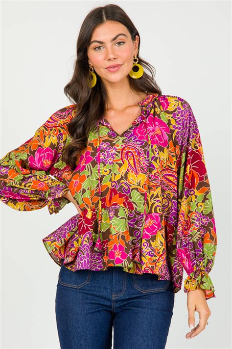 Floral Babydoll Blouse Ash Brown Sale The Blue Door Boutique