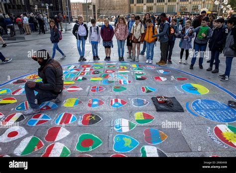 Painting Of A Pavement Painter In Front Of The Cathedral Flags Of