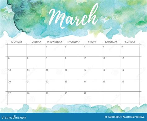 March Watercolor Calendar Stock Illustration Illustration Of Concept