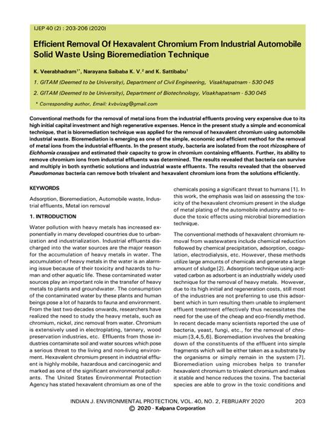 Pdf Efficient Removal Of Hexavalent Chromium From Industrial