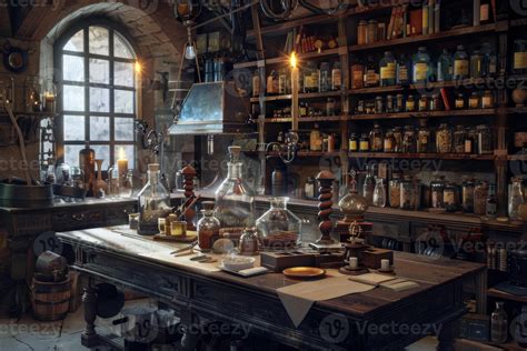 Mysterious alchemy lab with old books, glassware, and ancient equipment ...