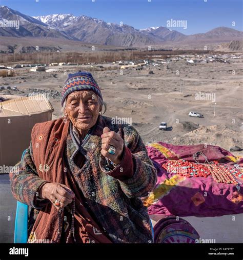 Ladakh Woman Selling Beads Ladakh Range In Background Spituk Gompa