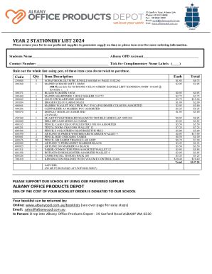 Fillable Online Albany Primary School Year Stationery List Fax