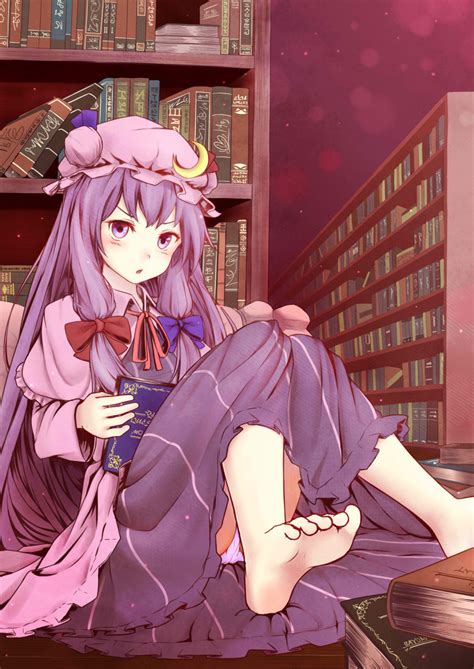 Safebooru 1girl O Absurdres Barefoot Blue Bow Blue Ribbon Blush Book Book Stack Bookshelf Bow