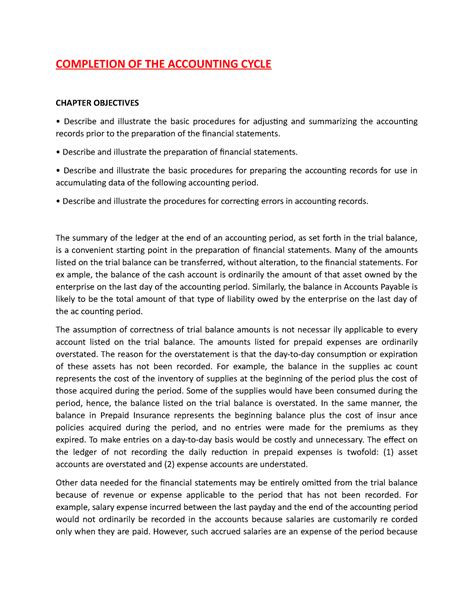 Completion Of The Accounting Cycle COMPLETION OF THE ACCOUNTING CYCLE
