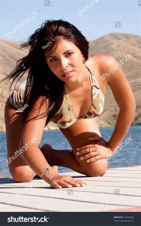 Sexy Woman Wearing Bikini By Lake Stock Photo 56934424 Shutterstock