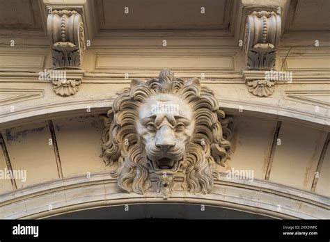 Beautiful Stucco Lion Head Decor On Ancient Building Entrance Porch In