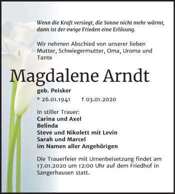 Traueranzeigen Von Magdalene Arndt Abschied Nehmen De