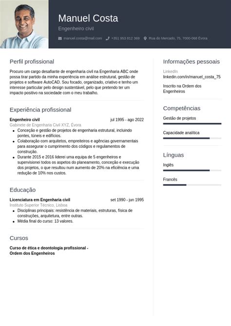 Exemplo De Curriculum Vitae Para Engenheiro Civil CVwizard