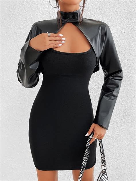 Black Sexy Collar Long Sleeve Pu Leather Plain Other Embellished Slight