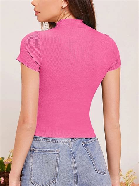 Ribbed Knit Mock Neck Crop Top Cap Sleeve Fuchsia Nileton