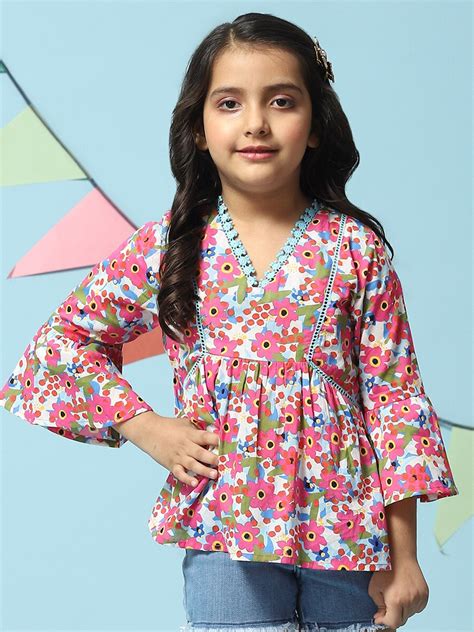 Buy Biba Blue Girls Floral Print Cotton Empire Top Tops For Girls