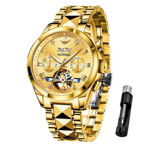 Oupinke Gold Watches For Men Automatic Diamond Skeleton Self Winding