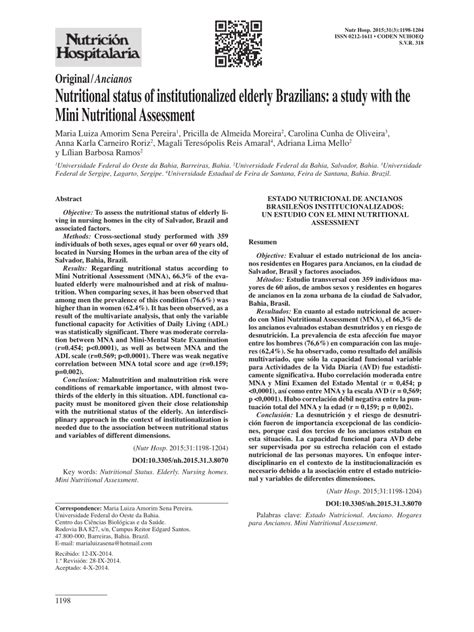 Pdf Nutritional Status Of Institutionalized Elderly Brazilians A