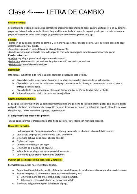 Resumen Y Anotaciones De Letra De Cambio Clase 4 Letra De Cambio