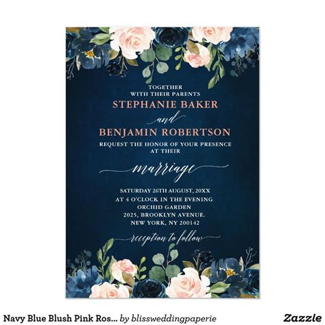 Navy Blue Blush Pink Rose Boho Wedding Invitation Beautiful Floral Boho