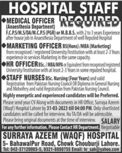 Jobs At Surraya Azeem Waqf Hospital 2023 Latest Jobs In Pakistan