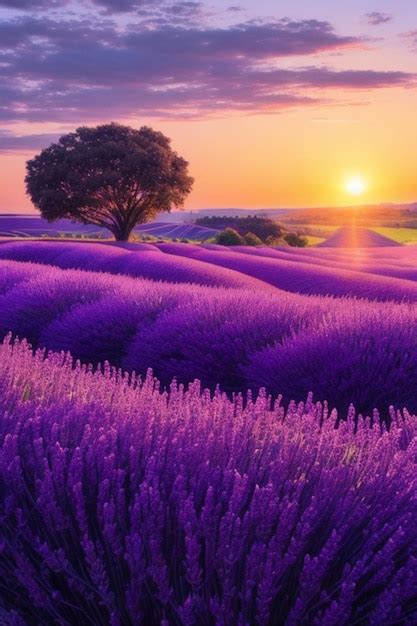 Premium AI Image Sunset Over Lavender Fields In Provence France