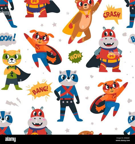 Cartoon Cute Superhero Seamless Pattern Animal Hero Children Fabric