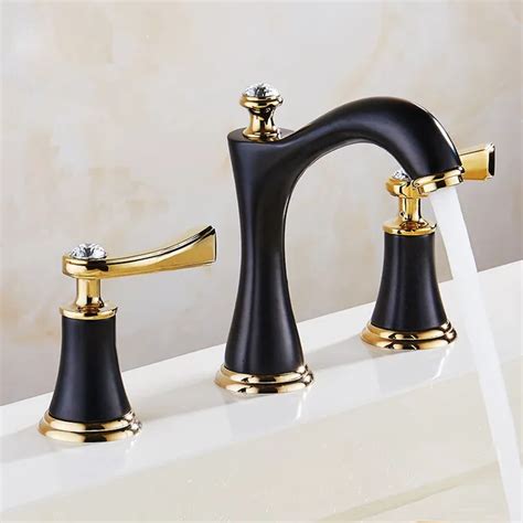 Basin Faucets Polished Black and Golden Brass Modern Bathroom Sink Faucet Double Cross Handle 3 ...