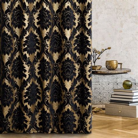 Black And Gold Chenille Curtains With Ornamental Design