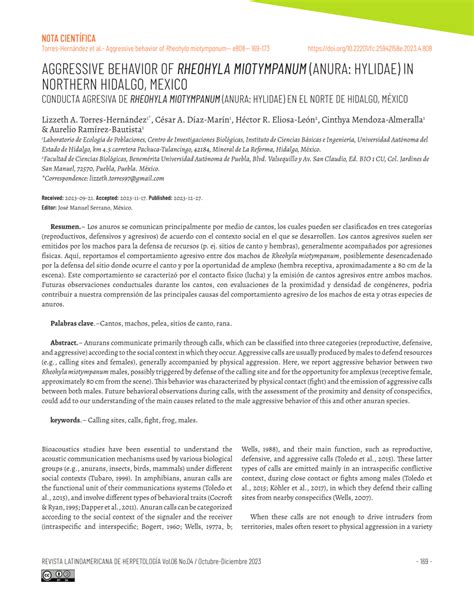 Pdf Aggressive Behavior Of Rheohyla Miotympanum Anura Hylidae In