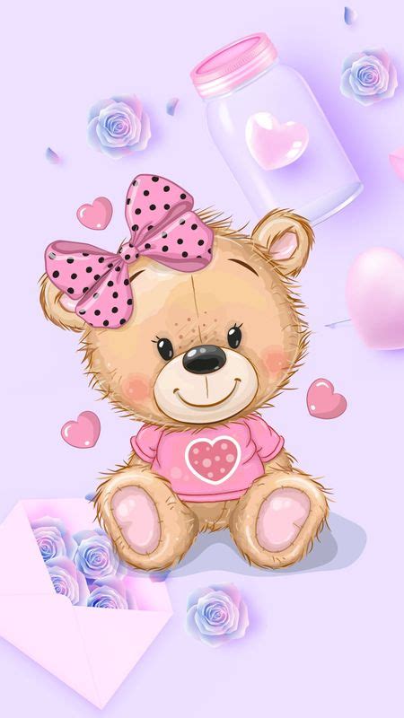 A Brown Teddy Bear Sitting On Top Of A Table Next To Pink Roses And Hearts