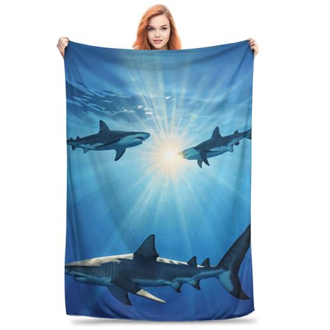 Three Sharks In The Blue Sea Under The Sun Flannel Blanket Soft