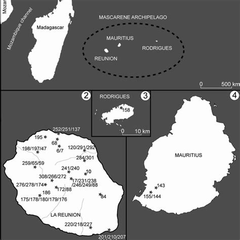 Mascarene Islands.-1: Position of the Mascarene Archipelago.-2-4 ...