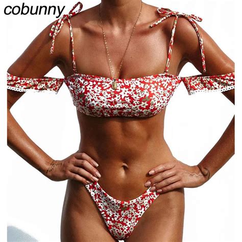 Cobunny Off Shoulder Bikini Set Red White Floral Lace Up Swimwear Thong