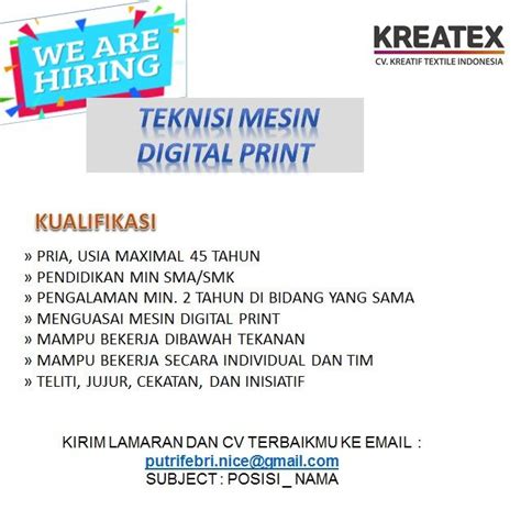 Lowongan Kerja Teknisi Mesin Digital Print Operator Mesin Digital