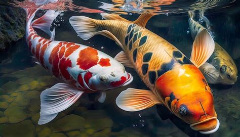 Premium Ai Image Koi Fish In A Colorful Pond Photographed Generate Ai