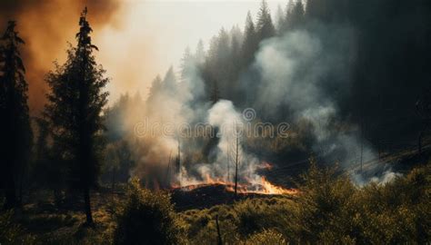 Forest Fire Rages Smoke Fills Sky Nature Destruction Evident