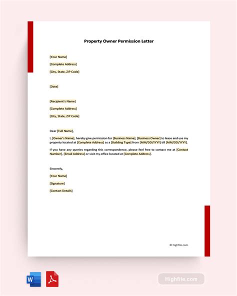 Permission Letter Of Authorization From Property Owner Word Pdf Highfile