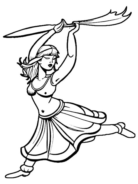 Beautiful Girl Waving Sword Coloring Page · Creative Fabrica