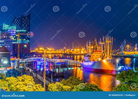 Night View of the Port of Hamburg with the Elbphilharmonie Building, Germany Stock Photo - Image ...