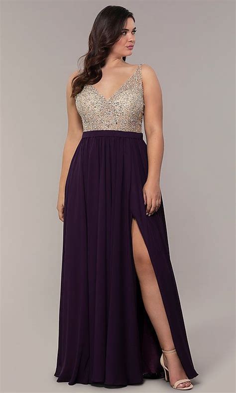 Beaded Bodice Long Chiffon Plus Size Prom Dress Plus Size Prom