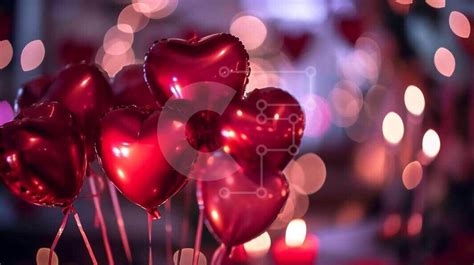 Romantic Celebration with Red Heart-Shaped Balloons and Candles stock ...