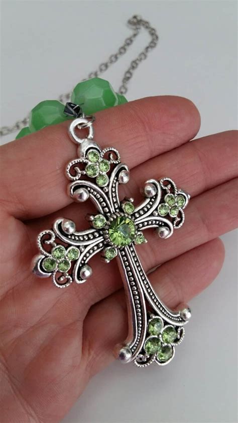 Cross Pendant Necklace Green Religious Cross Iconic Green Etsy