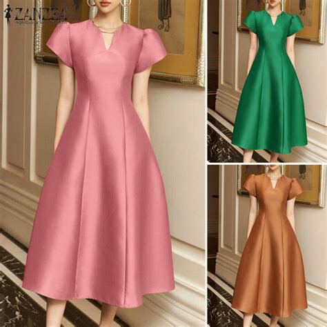 Esolo ZANZEA Korean Style Women V Neck Short Sleeve Maxi Dresses