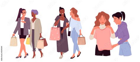 Cartoon happy stylish young shopper woman characters walk with shopping ...