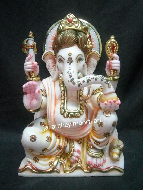 Golden Gold Plated Marble Ganesha Moorti Statue For Worship 1 Feet