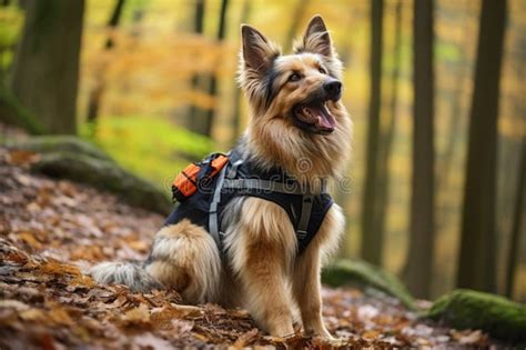 A Dog With Hiking Gear In A Forest Stock Illustration Illustration Of