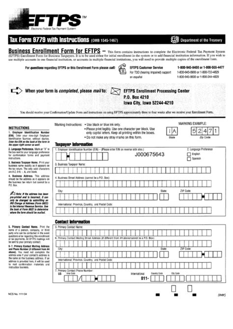 Eftps Payment Worksheet Short Form Printable