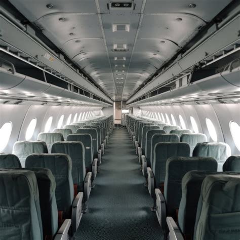 Empty Passenger Airplane Seats In The Cabin In Neon Light Stock