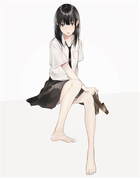 Safebooru 1girl Bare Legs Barefoot Black Hair Brown Eyes Commentary